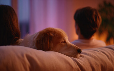 Peaceful golden retriever dog sleeps on couch between two people at night. family enjoys relaxing, quiet evening together in cozy, warm, living room atmosphere