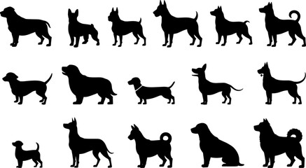Collection of black dog silhouettes in various breeds and poses canine animal