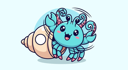 Cute Blue Hermit Crab Waving Hello with a Big Smile.