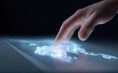 Human hand with finger makes touch on digital screen, showing futuristic global map of world. An innovative concept of future technology and connection