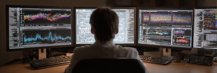 Focused man at computer monitor array, deep in data analysis. In dark office, trader or programmer watches charts and stock information on multiple screens with intense concentration