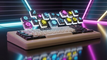 Retro keyboard with floating neon-lit keycaps in vibrant cyber aesthetic with glowing symbols.
