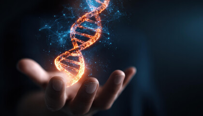 Human hand holding glowing dna helix represents future of genetic science and technology. concept of medical innovation and research showing sense of hopeful wonder