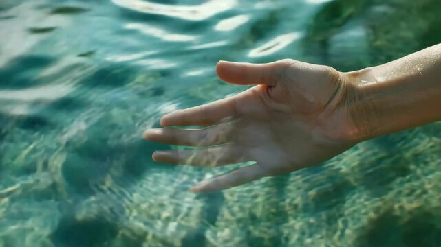 Person's hand submerged in clear blue ocean water causing ripples