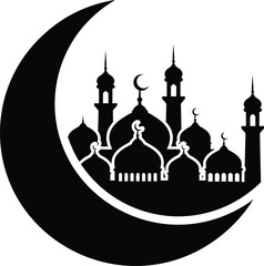 Elegant silhouette of a mosque with crescent moon for ramadan