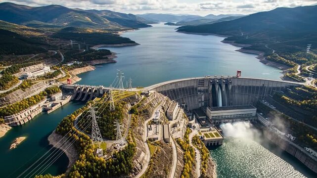 Aerial Drone View of a Hydroelectric Dam and Power Plant.