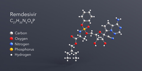 remdesivir molecule 3d rendering, flat molecular structure with chemical formula and atoms color coding