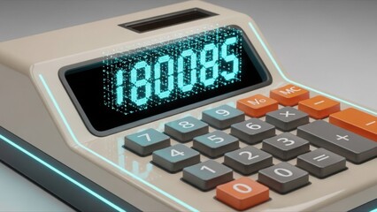 Retro calculator with digital hologram pixel display, bright glowing numbers and colorful classic keypad futuristic style.