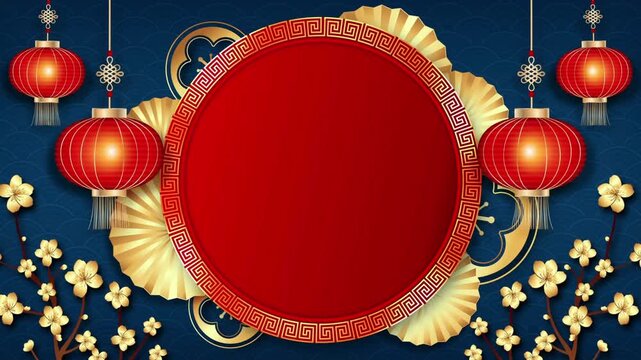 Circular red center with ornate gold trim, flanked by lanterns, blue backdrop, lush gold blossoms!!!
