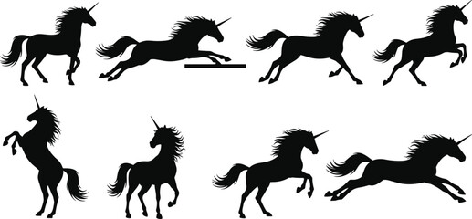 Mythical unicorn silhouettes vector set, various running, rearing, and leaping poses, fantasy animal illustrations, magical horned horse, fairytale creature graphics, isolated.
