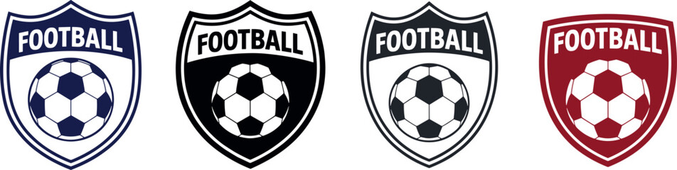 Fototapeta premium Set of four football crests with soccer ball icons in blue, black, white, and red colors