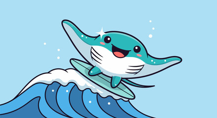 Cute Cartoon Manta Ray Surfing on a Wave.