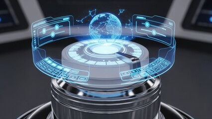 Holographic globe and futuristic interface hovering above a metallic platform in a high-tech environment.