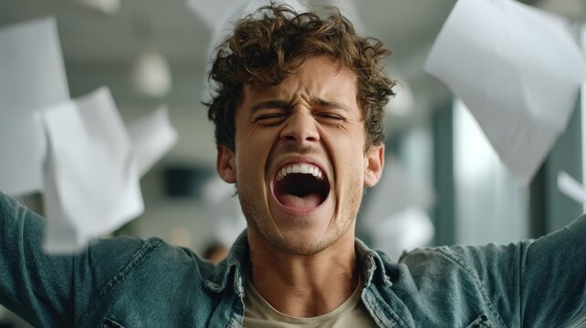 medium shot of a young man throwing papers in frustration in a modern office, jaw clenched, intense expression, dynamic blur, backlit with harsh indoor light