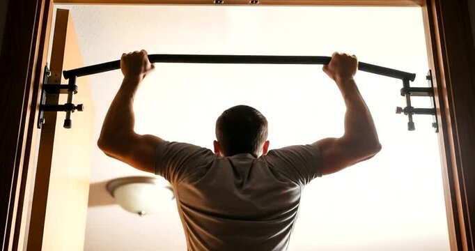 Young man performing a pull-up exercise on doorway bar at home
