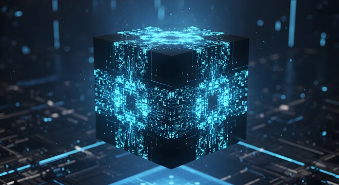 Abstract Glowing Blue Cube Data Center Technology Concept. - Powered by Adobe