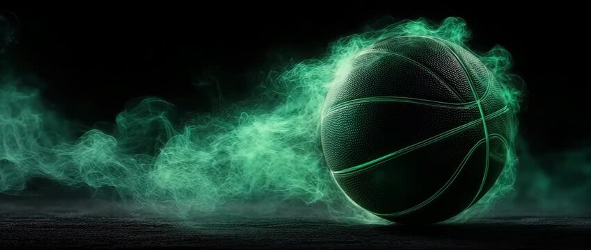A smoky black background with a flashing green basketball