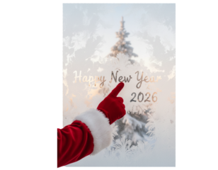 Santa Claus Writing “Happy New Year 2026” on Frosted Window with Pine Tree Silhouette, Side Angle, Isolated