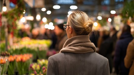 Woman standing in a flower market looking at colorful blooms during the day