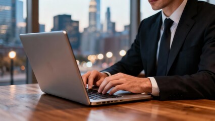 Professional businessman wearing a dark suit intently typing on a silver laptop keyboard at a polished wooden desk, overlooking a blurry evening cityscape.