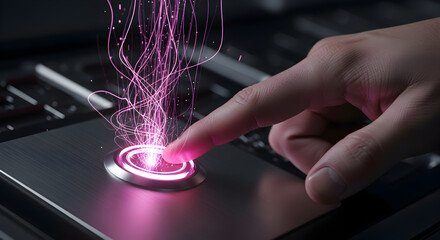 Finger pressing glowing button with pink energy streams emanating upwards.