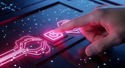 Close-up of a Finger Activating a Futuristic Glowing Red Button on a Circuit Board.