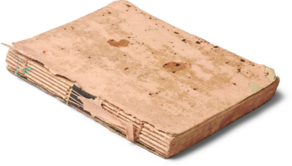 close-up of closed worn vintage book, faded pink cover with brown stains and peeling edges, broken spine exposing binding threads isolated white background, history and antique literature concept