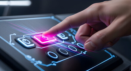 Close-up of a finger pressing a glowing pink button on a futuristic interface.