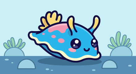 Adorable blue nudibranch with big eyes and a happy smile.