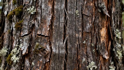 Obraz premium Rugged brown and gray conifer tree bark texture covered with patches of green moss and light gray foliose lichen.