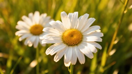 Fototapeta premium Bright white oxeye daisy flower in sharp focus illuminated by warm golden sunlight against a soft blurred green meadow background.