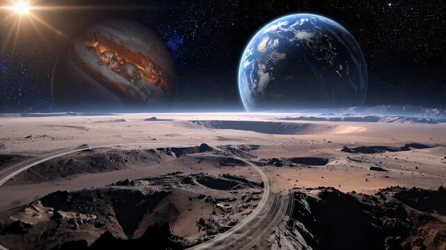 Lunar Surface Vista with Earth and Gas Giant Planets in Deep Space View With Bright Sun Star