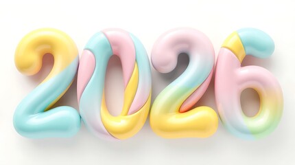 Pastel colored inflatable 3d numbers spelling two thousand twenty six isolated on white background