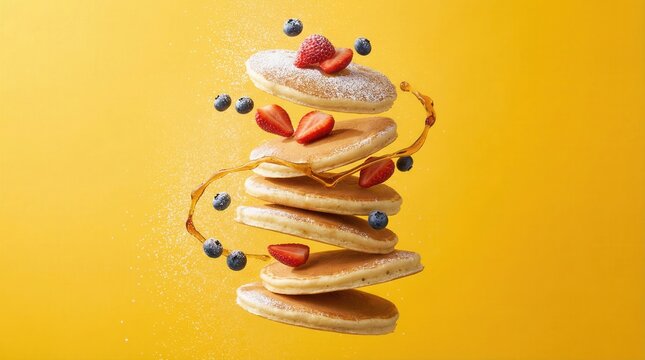 Flying Stack Of Pancakes With Berries And Honey Syrup Art