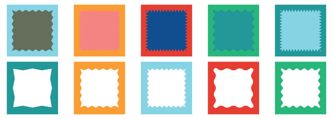 Corrugated wavy frame border frames. Zig zag wavy edge shapes frame box vector illustration. Rectangle shape frame with zigzag edge. Retro abstract curved shaped frames with geometric patterns.