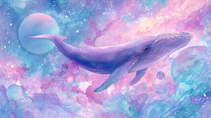 Whale Floating in Colorful Space Scene with Pastel Galaxy Background
