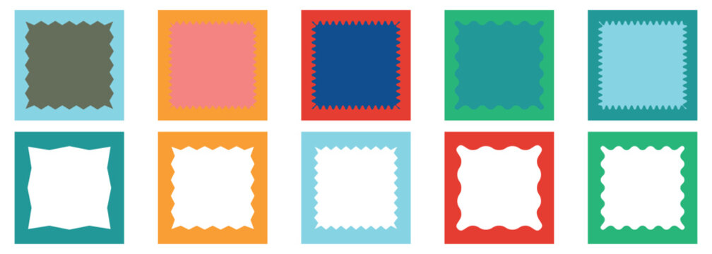 Corrugated wavy frame border frames. Zig zag wavy edge shapes frame box vector illustration. Rectangle shape frame with zigzag edge. Retro abstract curved shaped frames with geometric patterns.