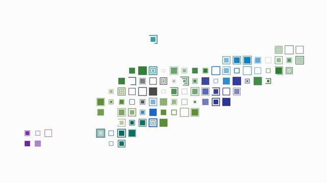 Timor-Leste animation. Shape of the country with pulsating colored dots. Large size square blocks. Digital style map on white background. Creative video.