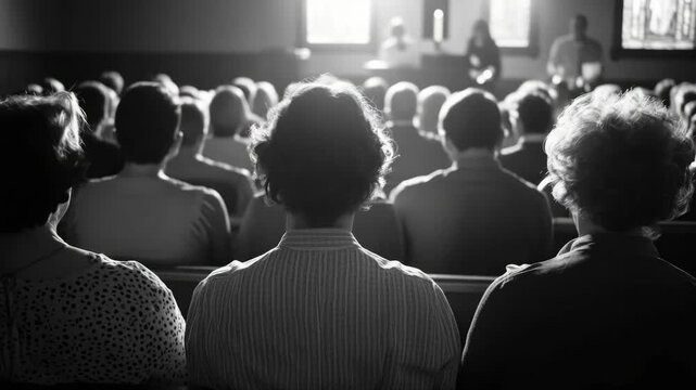 A group of people seated and facing forward in a religious setting.