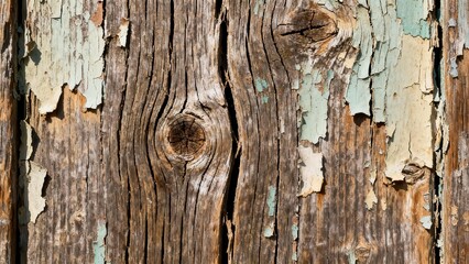 Obraz premium Vertical aged brown wood planks displaying deep grain texture and distressed pale green and cream peeling paint.