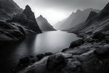 Serene black and white landscape showcasing a mountain lake surrounded by jagged peaks