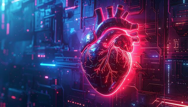 Heart illuminated in vibrant pink and crimson neon on a futuristic circuit board background - Powered by Adobe