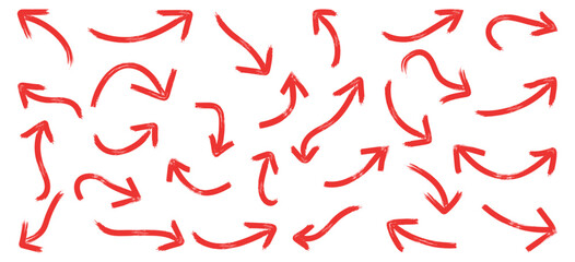 Various red brush drawn curved arrows. Creative arrows in grunge style, vector collection, beautiful and stylish. Arrow drawn hand vector line icon set. 
