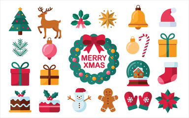 Christmas Icon Set with Tree Reindeer Wreath Gifts Candy and Snowman Flat Vector Collection for Holiday Design