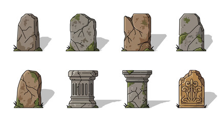 Collection of eight illustrated ancient and weathered stone and monument structures with detailed