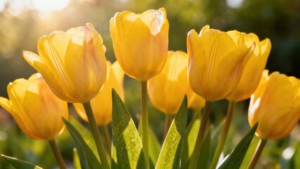 Golden hour sunlight shining brightly behind a row of vibrant yellow tulips with green stems and leaves in a lush garden.