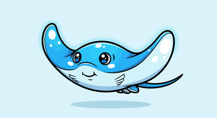 Cute Blue Manta Ray Swimming Underwater Cartoon Illustration.