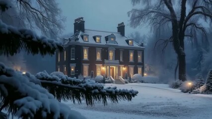 A grand georgian mansion surrounded by snow-covered trees at dusk, with warm lights glowing from the windows, creating a cozy and inviting atmosphere.