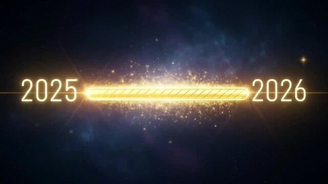 Golden loading bar animation bridging 2025 to 2026 with glittering progress symbolizing the new year 2026. 4k video