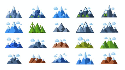 Collection of stylized mountain illustrations with varied colors and cloud accents for nature